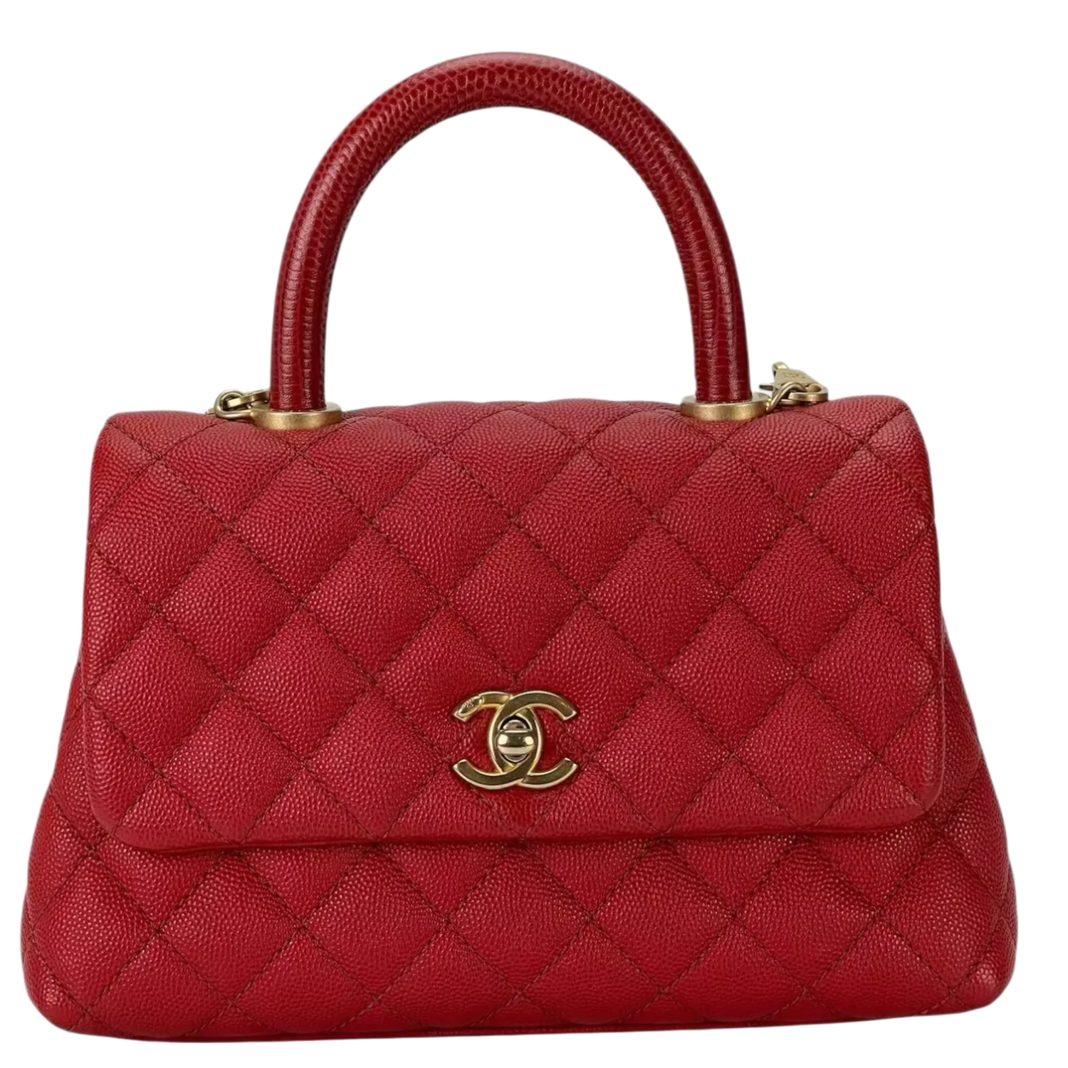 Chanel 'Red' Caviar Lizard Embossed Quilted Mini Coco Handle Flap Bag