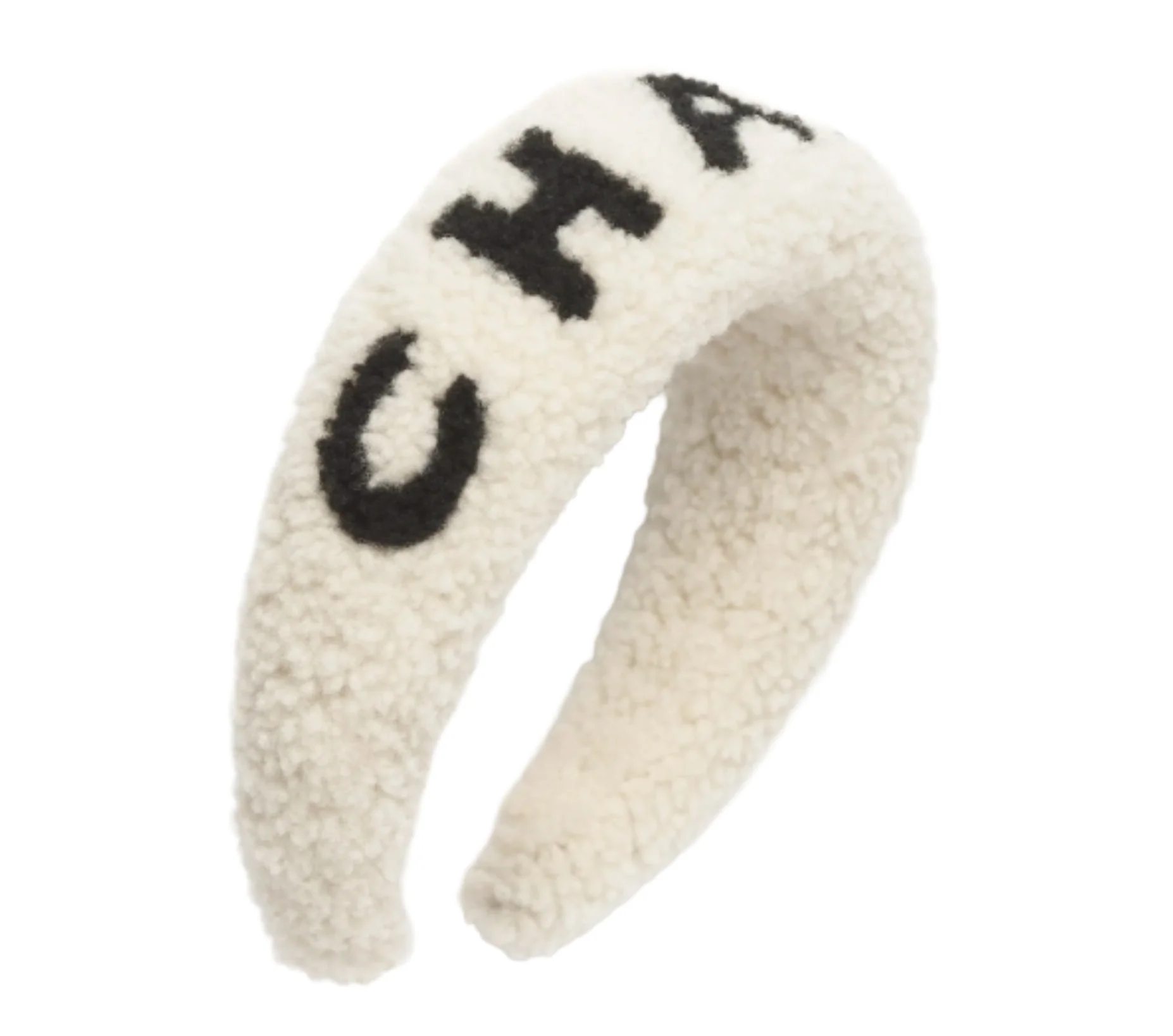 Chanel Shearling "CHANEL" Headband Black/White 25B - Image 2