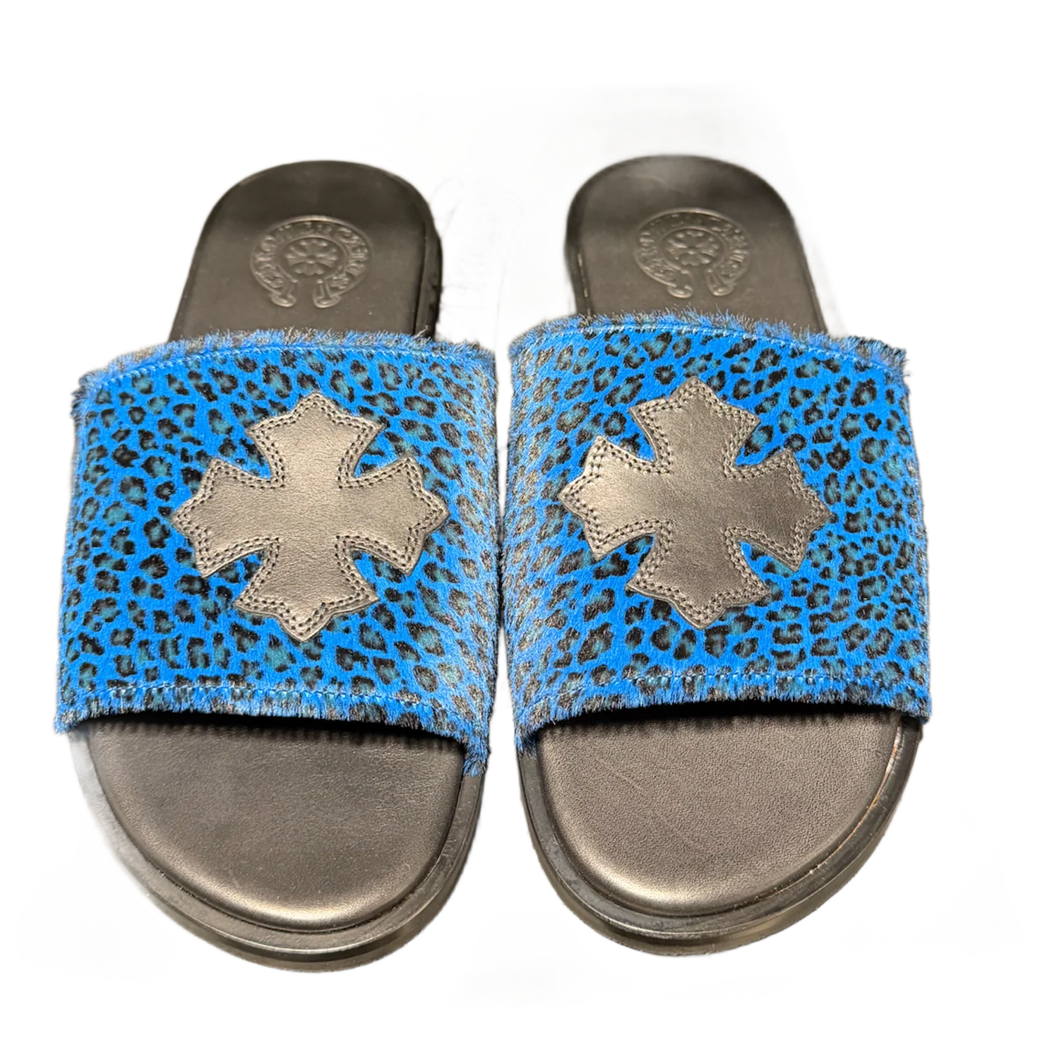 Chrome Hearts Black and Blue Cheetah Leather Cross Slides