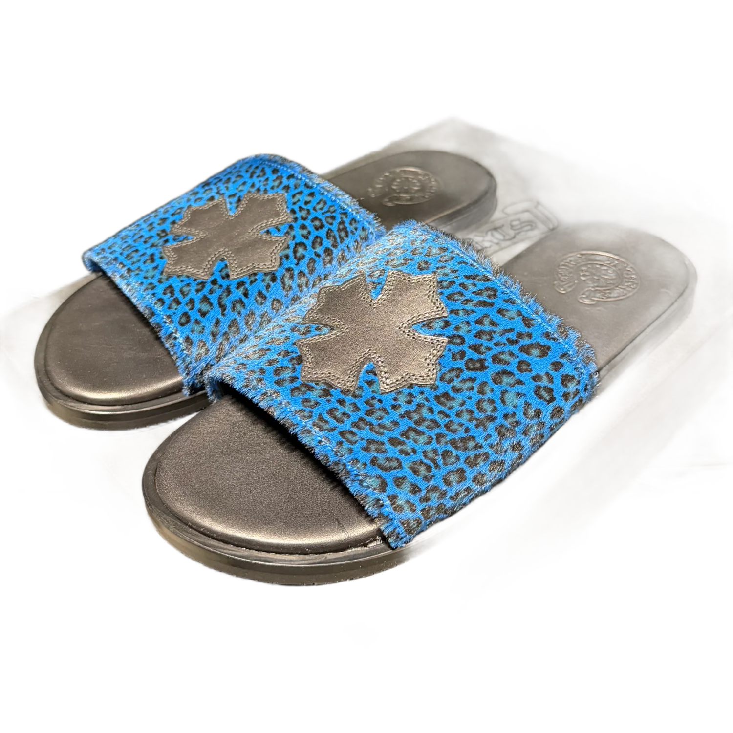 Chrome Hearts Black and Blue Cheetah Leather Cross Slides - Image 2