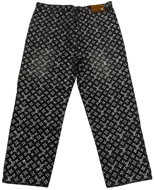 Louis Vuitton Grey Rhinestone Embellished Monogram Raw Edge Denim Jeans Runway - Image 2