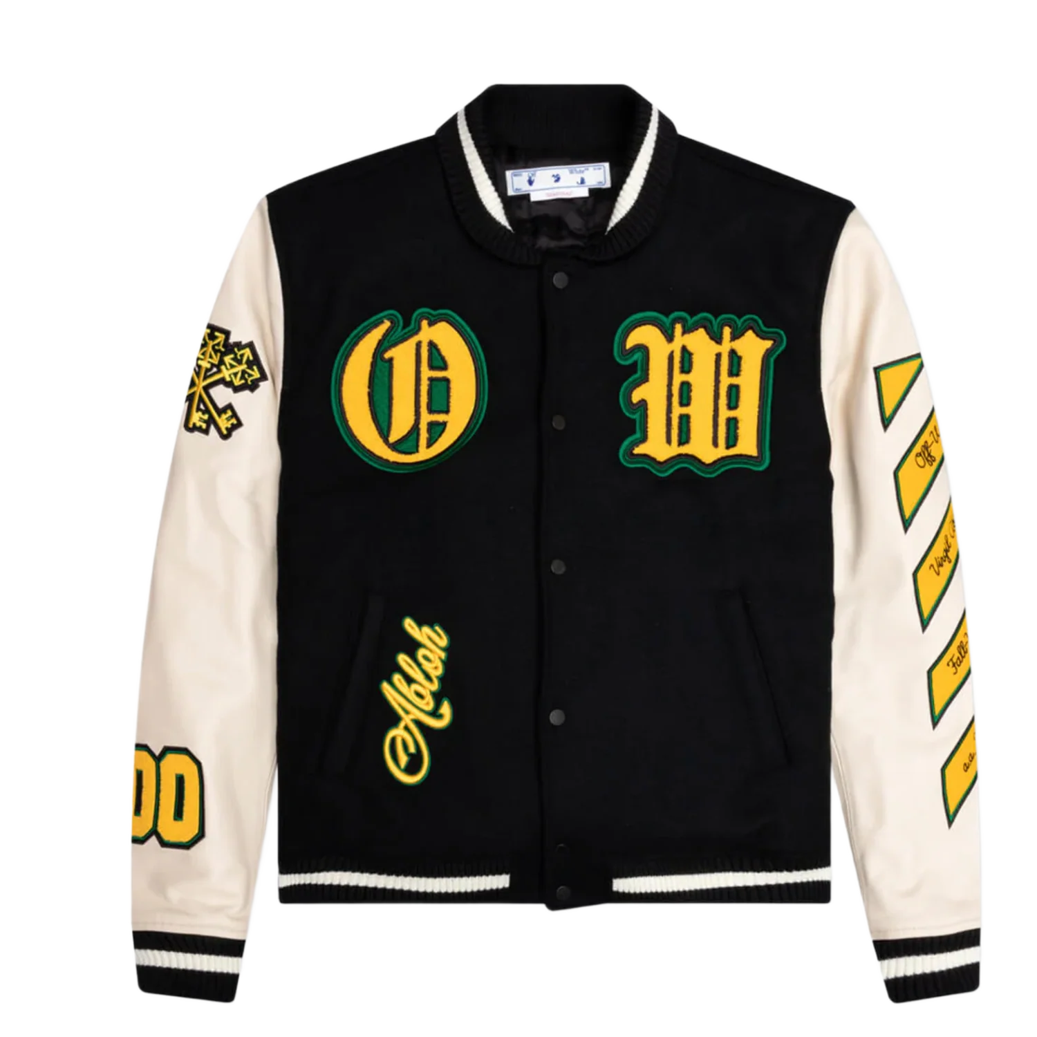 Off White 'Black Yellow Graphic' Varsity Leather Jacket
