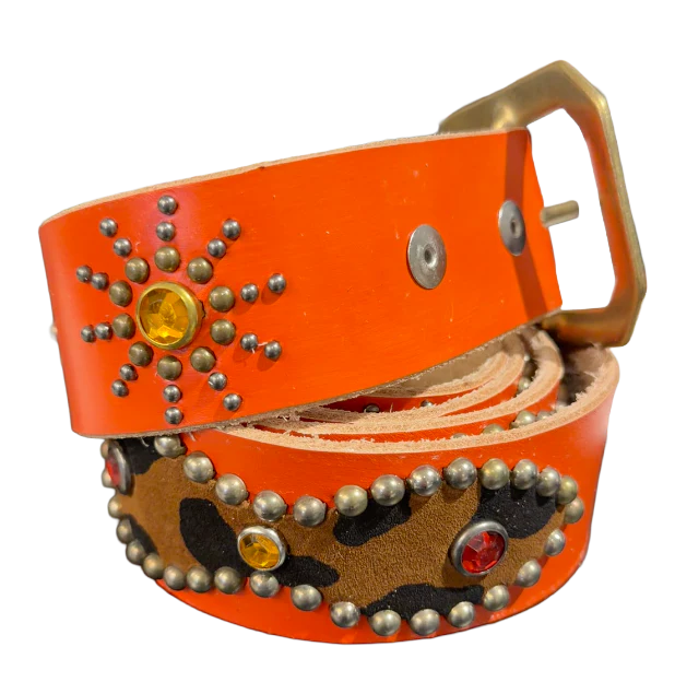 Studded 'Cheetah Leather/ Sun Gem' Orange Belt